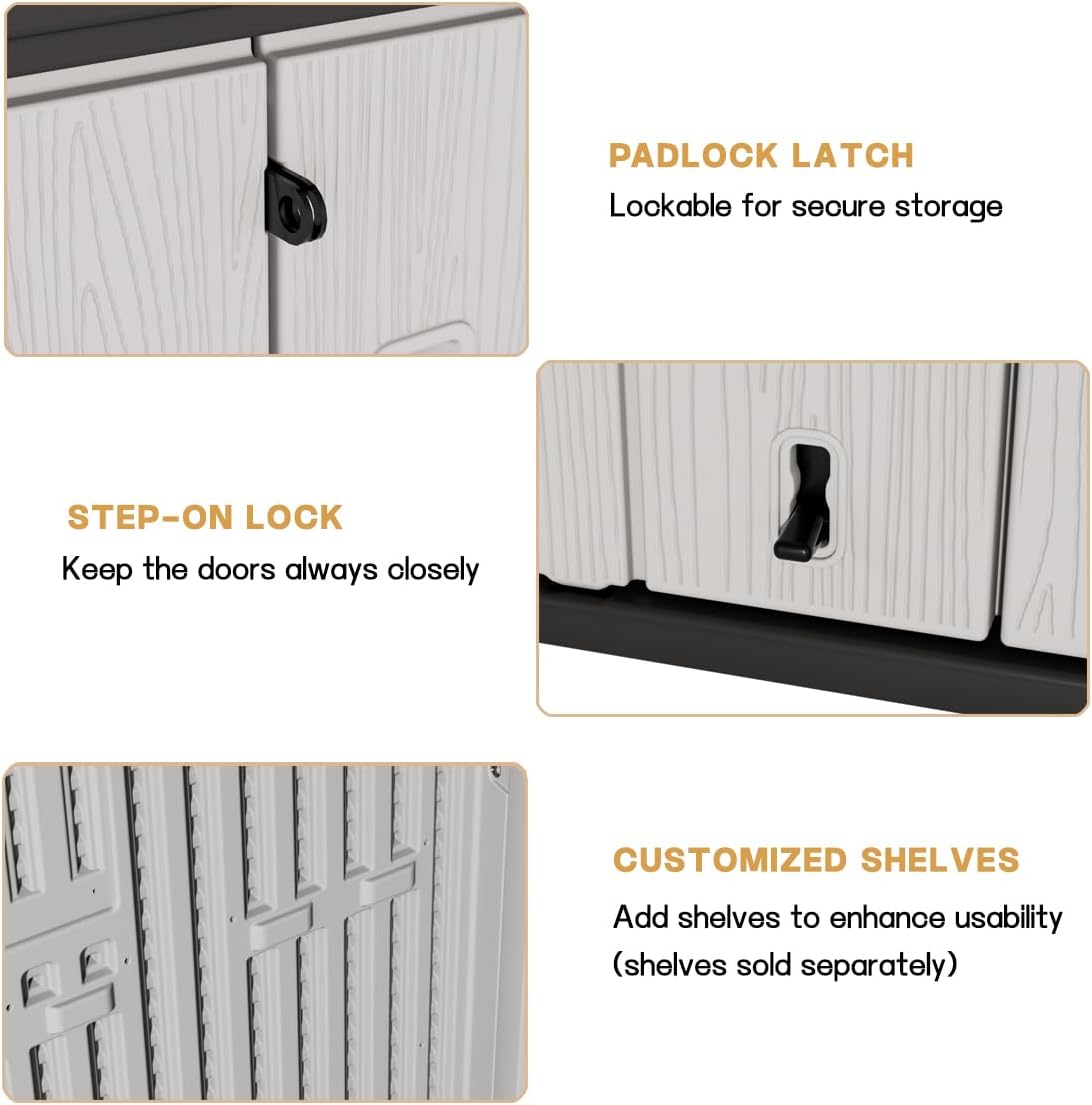 KINYING Outdoor Horizontal Storage Plastic Shed,37 Cu.ft Outdoor Storage Cabinet Waterproof Resin Tool Storage Box (Grey)
