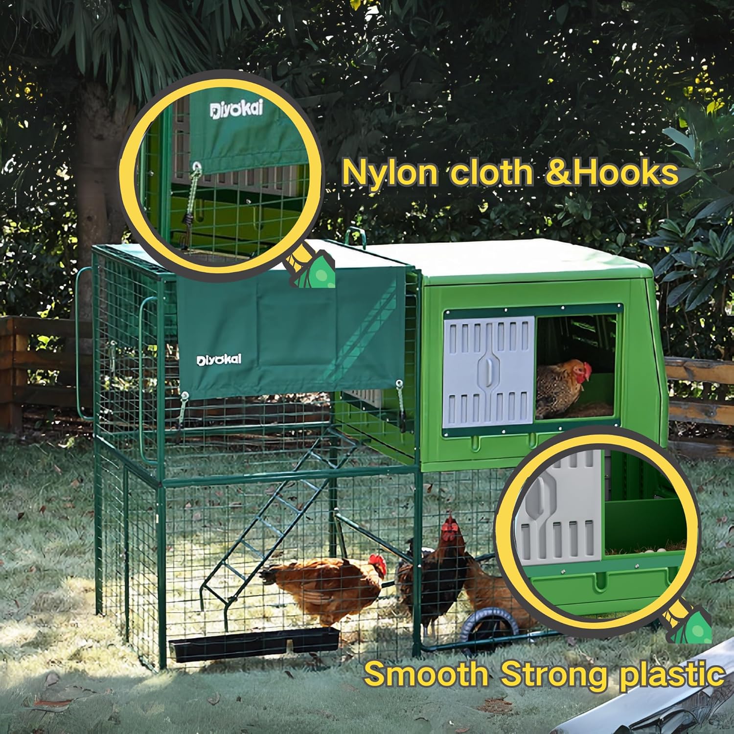 DIYOKAI Chicken coop with Insulated Nesting Boxes, Metal cage, Waterproof Cover, Mobile Wheels and Ladders- Chicken Run for Yard, Weather Resistance