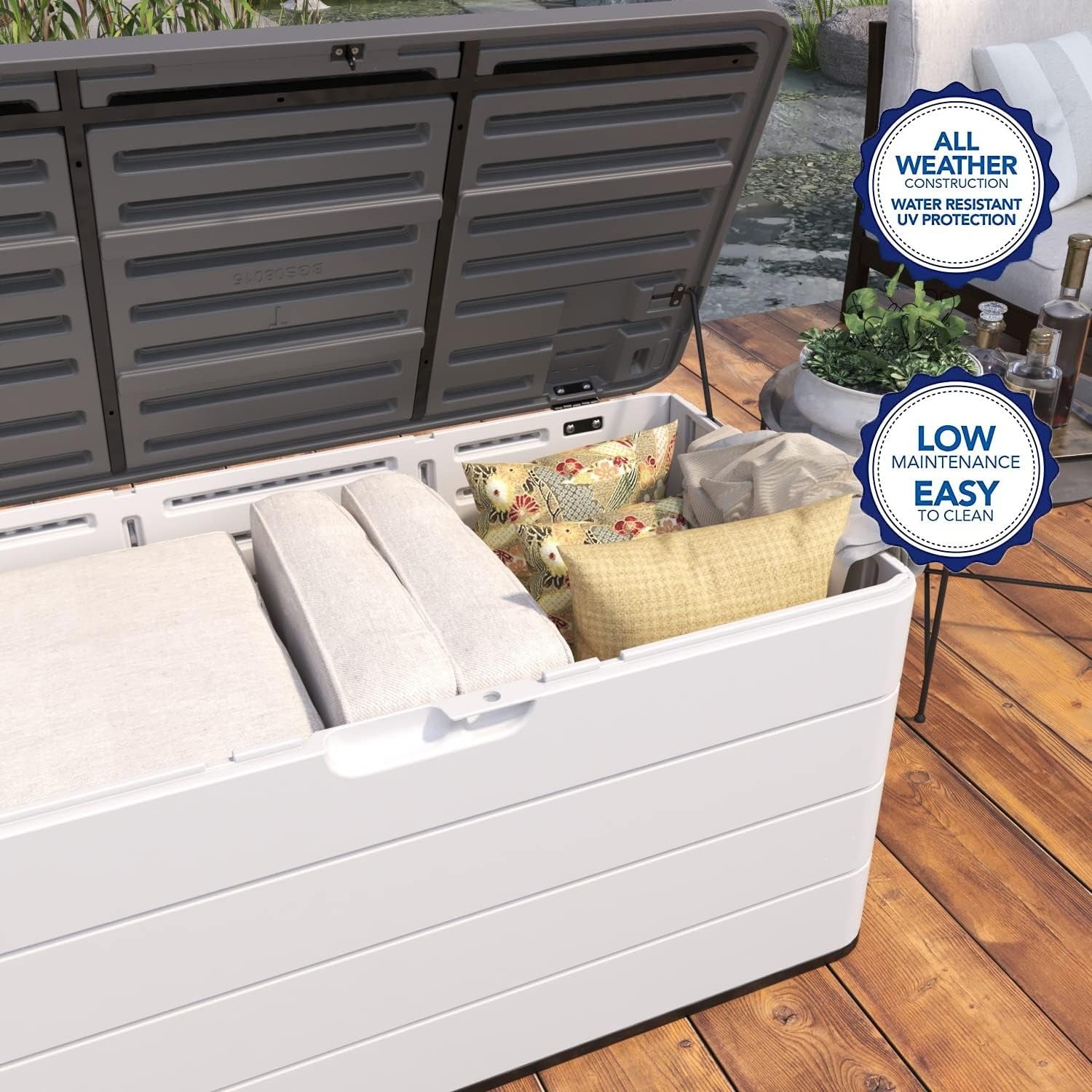 ADDOK Large Resin Deck Box Lockable, Outdoor Garden Storage Box Waterproof, Elegant Storage Bench for Cushions, Garden Tools