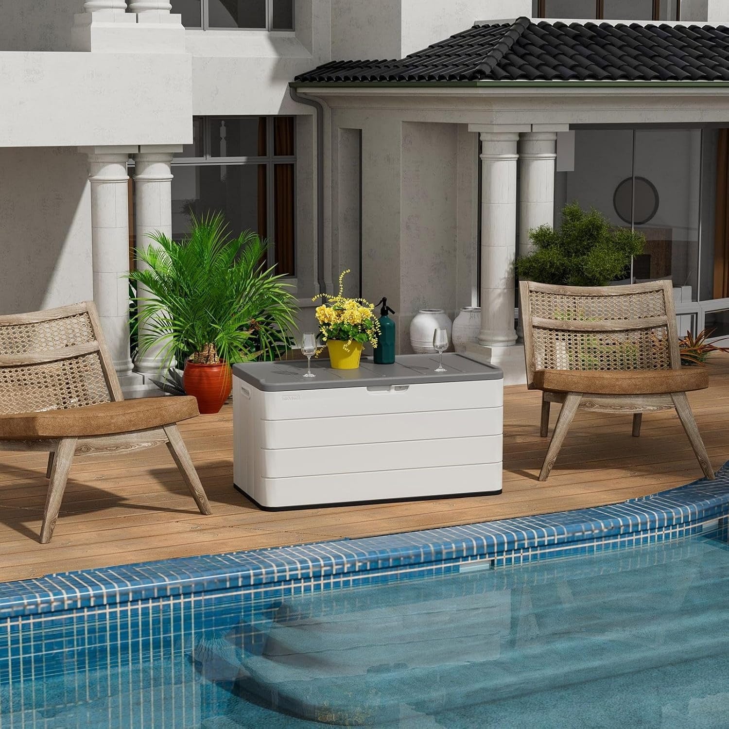 ADDOK Large Resin Deck Box Lockable, Outdoor Garden Storage Box Waterproof, Elegant Storage Bench for Cushions, Garden Tools