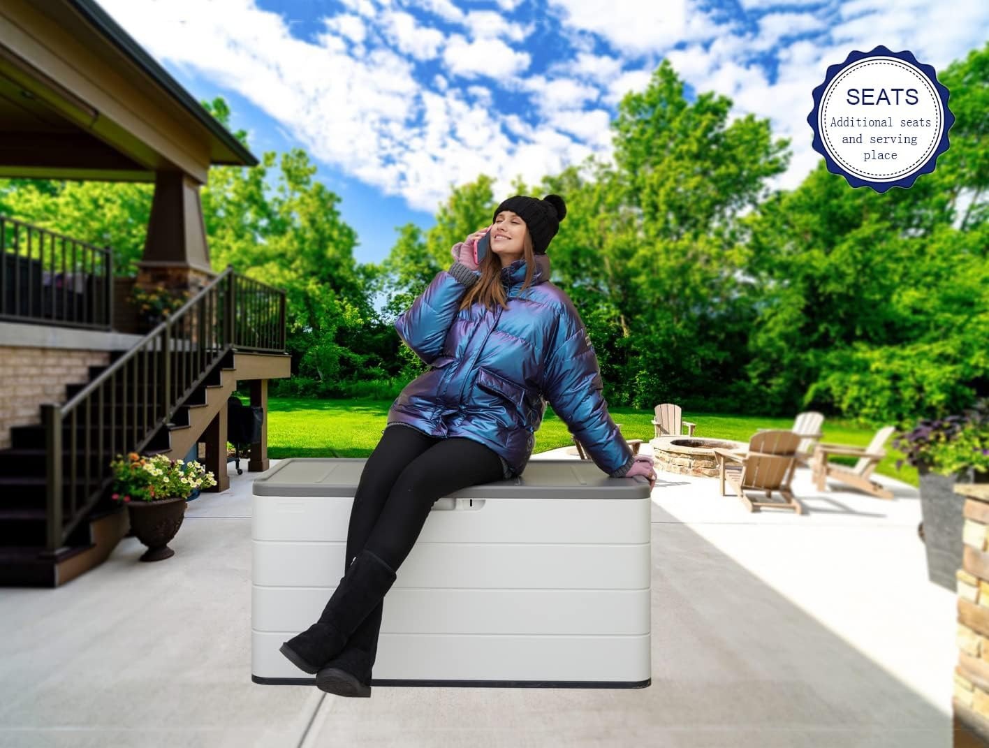 ADDOK Large Resin Deck Box Lockable, Outdoor Garden Storage Box Waterproof, Elegant Storage Bench for Cushions, Garden Tools