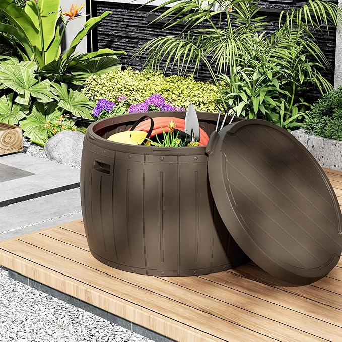 ADDOK 33 Gallon Round Deck Box, Outside Storage Box Waterproof, Outdoor Storage Bench for Cushions, Garden Tools,Brown