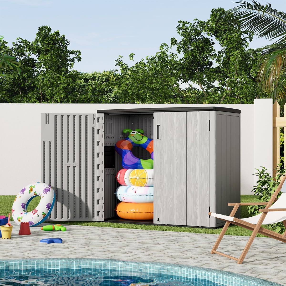 KINYING Outdoor Horizontal Storage Plastic Shed,37 Cu.ft Outdoor Storage Cabinet Waterproof Resin Tool Storage Box (Grey)