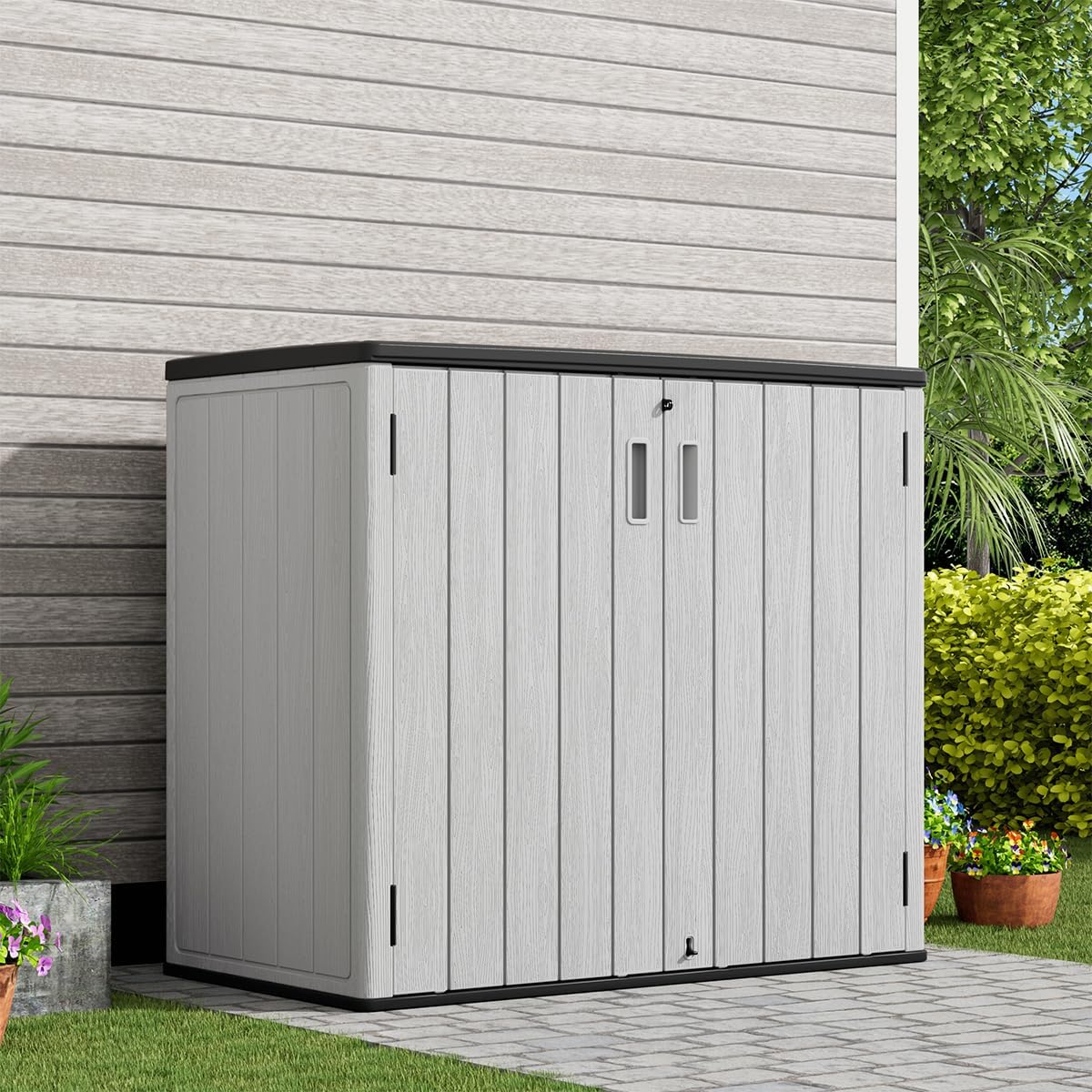 KINYING Outdoor Horizontal Storage Plastic Shed,37 Cu.ft Outdoor Storage Cabinet Waterproof Resin Tool Storage Box (Grey)