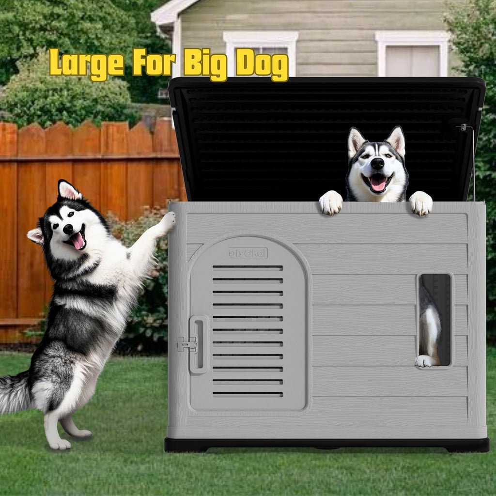 XLarge Durable Plastic Dog House for Big Dogs - Indoor Outdoor Double-Layer Insulated Doghouse with Open-Top Cover, Lockable SlidingDoor, Elevated Floor (46''L*38''W*39''H)