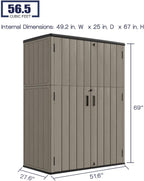 KINYING Outdoor Vertical Storage Plastic Shed,57 Cu.ft Outdoor Storage Cabinet Waterproof,Resin Sheds & Outdoor Storage (Brown)