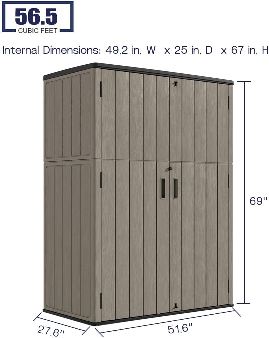 KINYING Outdoor Vertical Storage Plastic Shed,57 Cu.ft Outdoor Storage Cabinet Waterproof,Resin Sheds & Outdoor Storage (Brown)