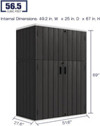 KINYING Outdoor Vertical Storage Plastic Shed,57 Cu.ft Outdoor Storage Cabinet Waterproof,Resin Sheds & Outdoor Storage (Black)
