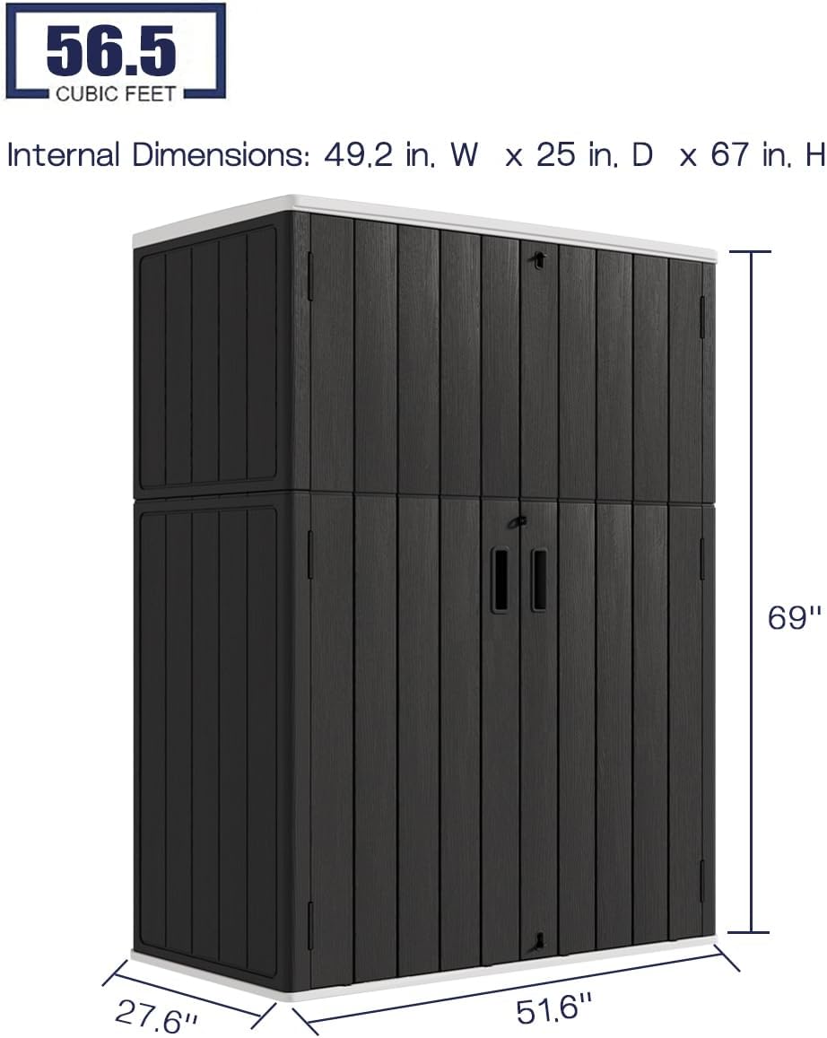 KINYING Outdoor Vertical Storage Plastic Shed,57 Cu.ft Outdoor Storage Cabinet Waterproof,Resin Sheds & Outdoor Storage (Black)