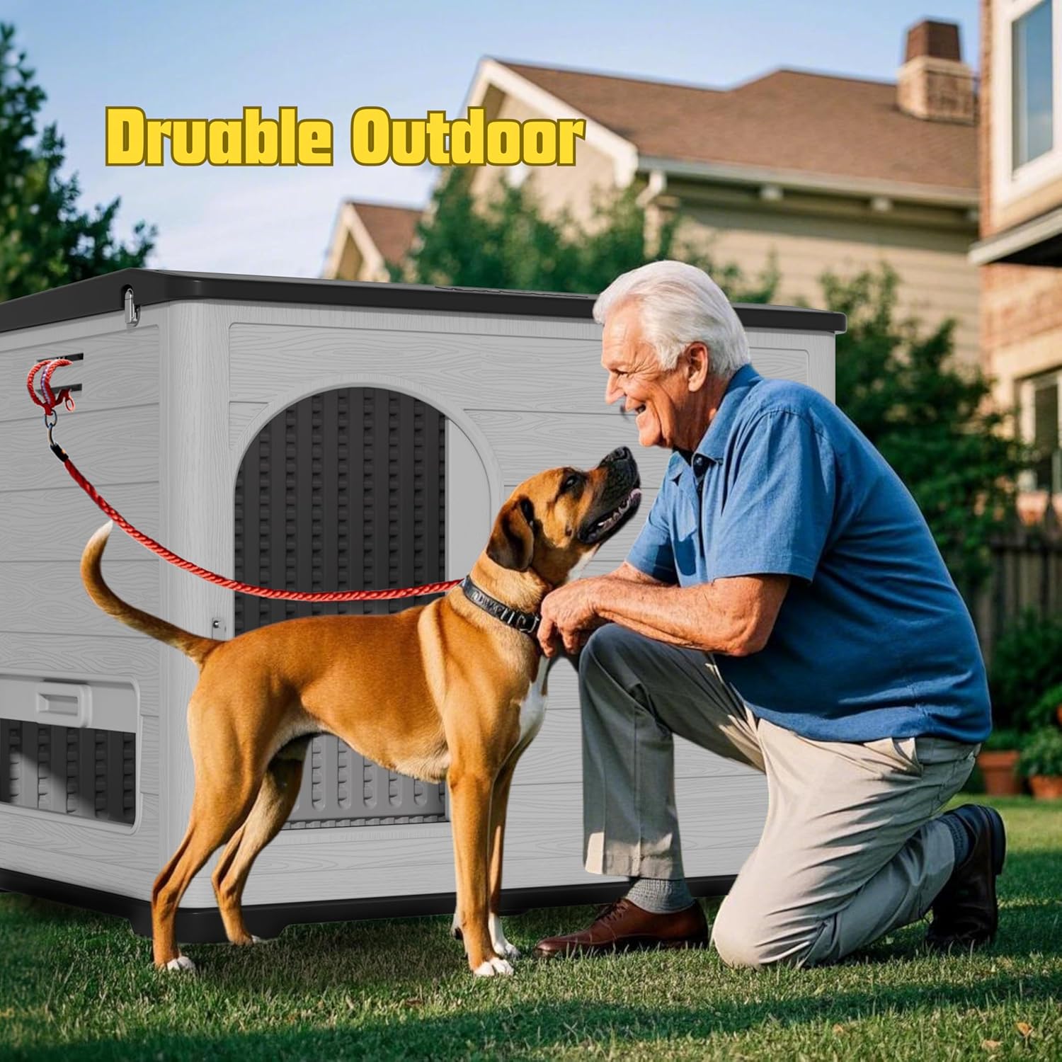 XLarge Durable Plastic Dog House for Big Dogs - Indoor Outdoor Double-Layer Insulated Doghouse with Open-Top Cover, Lockable SlidingDoor, Elevated Floor (46''L*38''W*39''H)