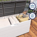 Outdoor pool storage box, waterproof resin material, lockable, suitable for storing outdoor gardening tools.