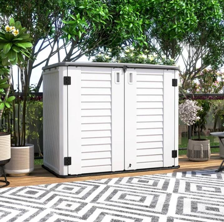 KINYING Outdoor Storage Shed - Horizontal Storage Box Waterproof for Garden, Patios, Backyards, Multi-Opening Door for Easy Storage of Garbage Cans, Tools, Lawn Mower, 26 Cubic Feet,Brown