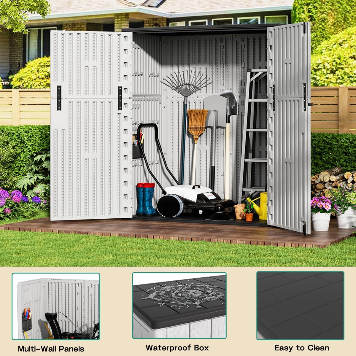 KINYING Outdoor Vertical Storage Plastic Shed,57 Cu.ft Outdoor Storage Cabinet Waterproof,Resin Sheds & Outdoor Storage (Grey)