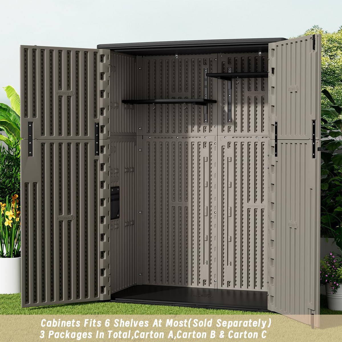 KINYING Outdoor Vertical Storage Plastic Shed,57 Cu.ft Outdoor Storage Cabinet Waterproof,Resin Sheds & Outdoor Storage (Brown)