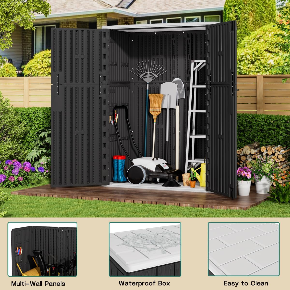 KINYING Outdoor Vertical Storage Plastic Shed,57 Cu.ft Outdoor Storage Cabinet Waterproof,Resin Sheds & Outdoor Storage (Black)