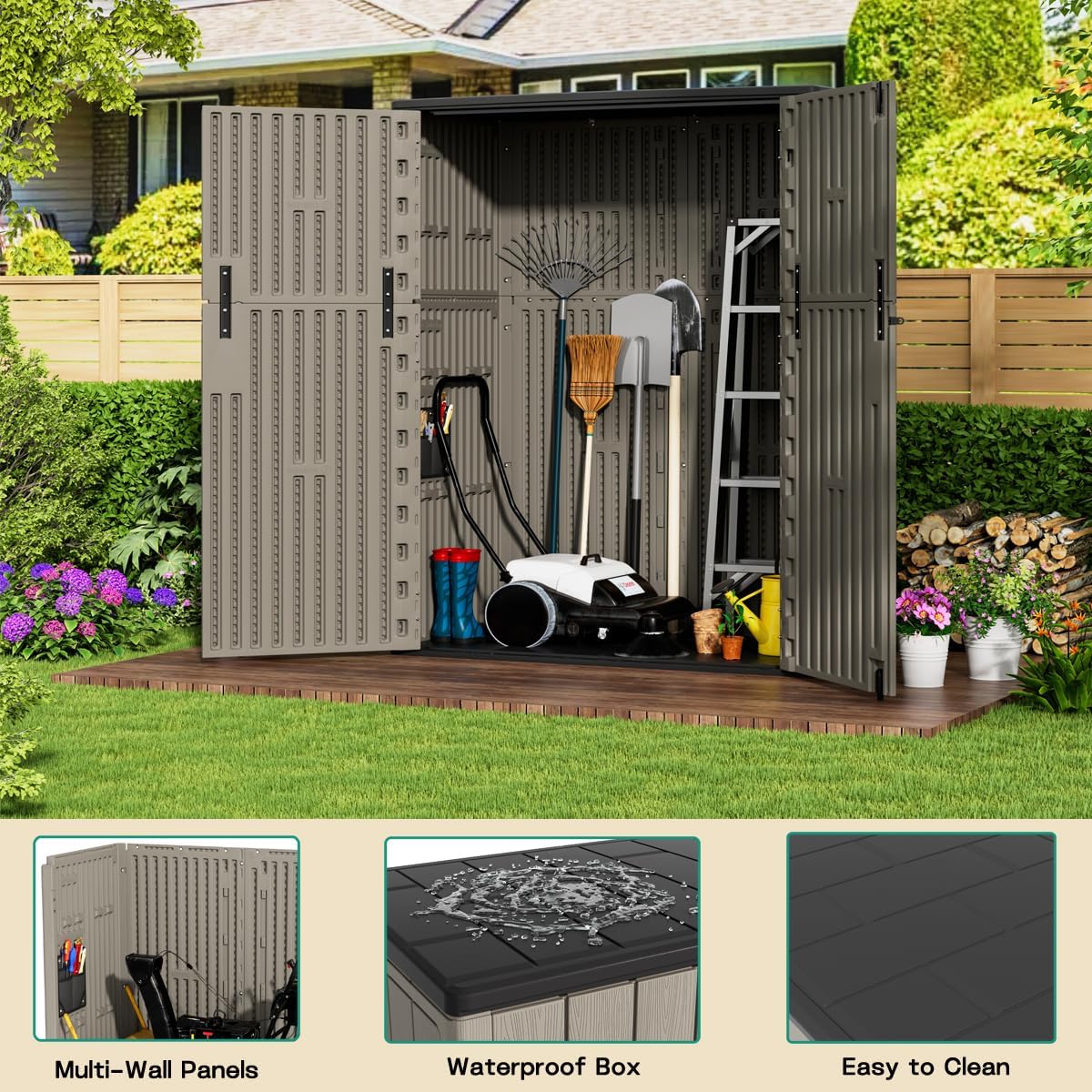 KINYING Outdoor Vertical Storage Plastic Shed,57 Cu.ft Outdoor Storage Cabinet Waterproof,Resin Sheds & Outdoor Storage (Brown)