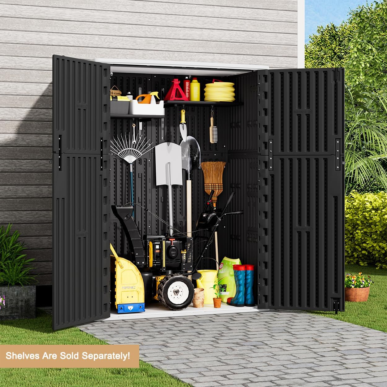 KINYING Outdoor Vertical Storage Plastic Shed,57 Cu.ft Outdoor Storage Cabinet Waterproof,Resin Sheds & Outdoor Storage (Black)