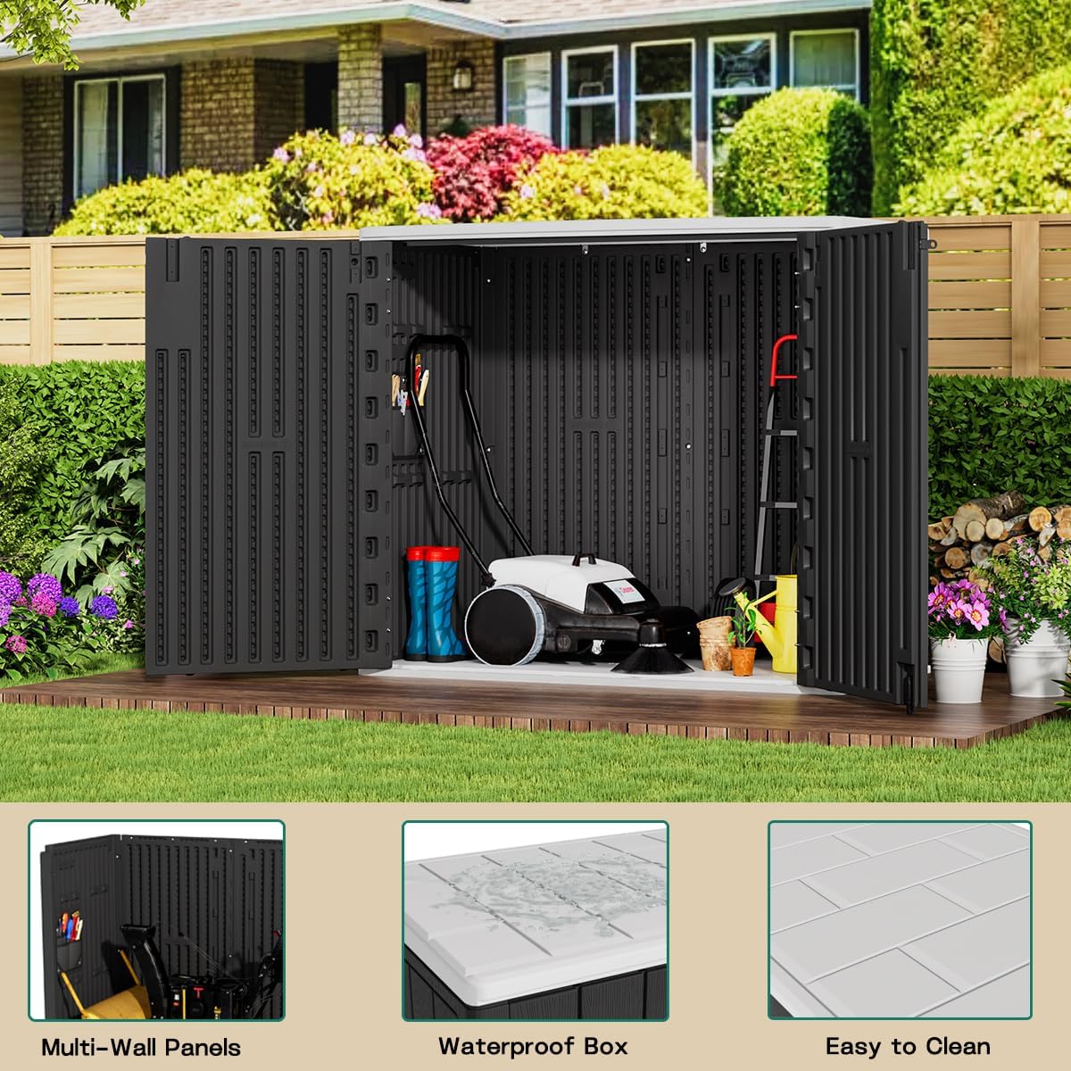 KINYING Outdoor Horizontal Storage Shed,37 Cu.ft Storage Cabinet Waterproof Resin Tool Organiser Storage Box for Garden Tools and Patio Furniture
