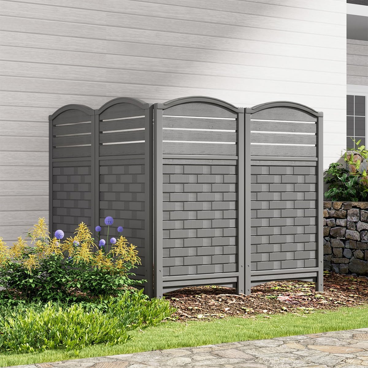 Air Conditioner Fence Privacy Screen,Resin Outdoor Privacy Vinyl Fence,4 Panels Pool Equipment Enclosure with Metal Stake,45" (H) x 22" (W) Per Panel Trash Can Enclosure