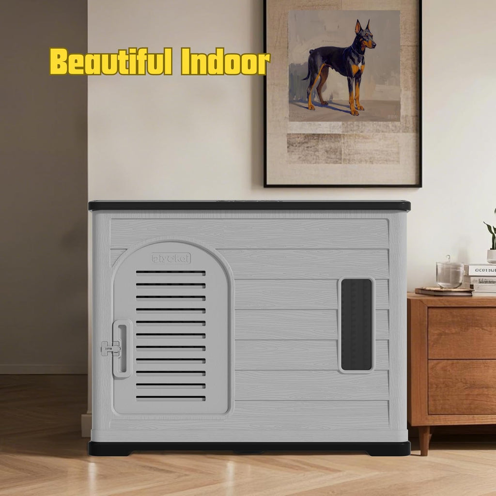 XLarge Durable Plastic Dog House for Big Dogs - Indoor Outdoor Double-Layer Insulated Doghouse with Open-Top Cover, Lockable SlidingDoor, Elevated Floor (46''L*38''W*39''H)