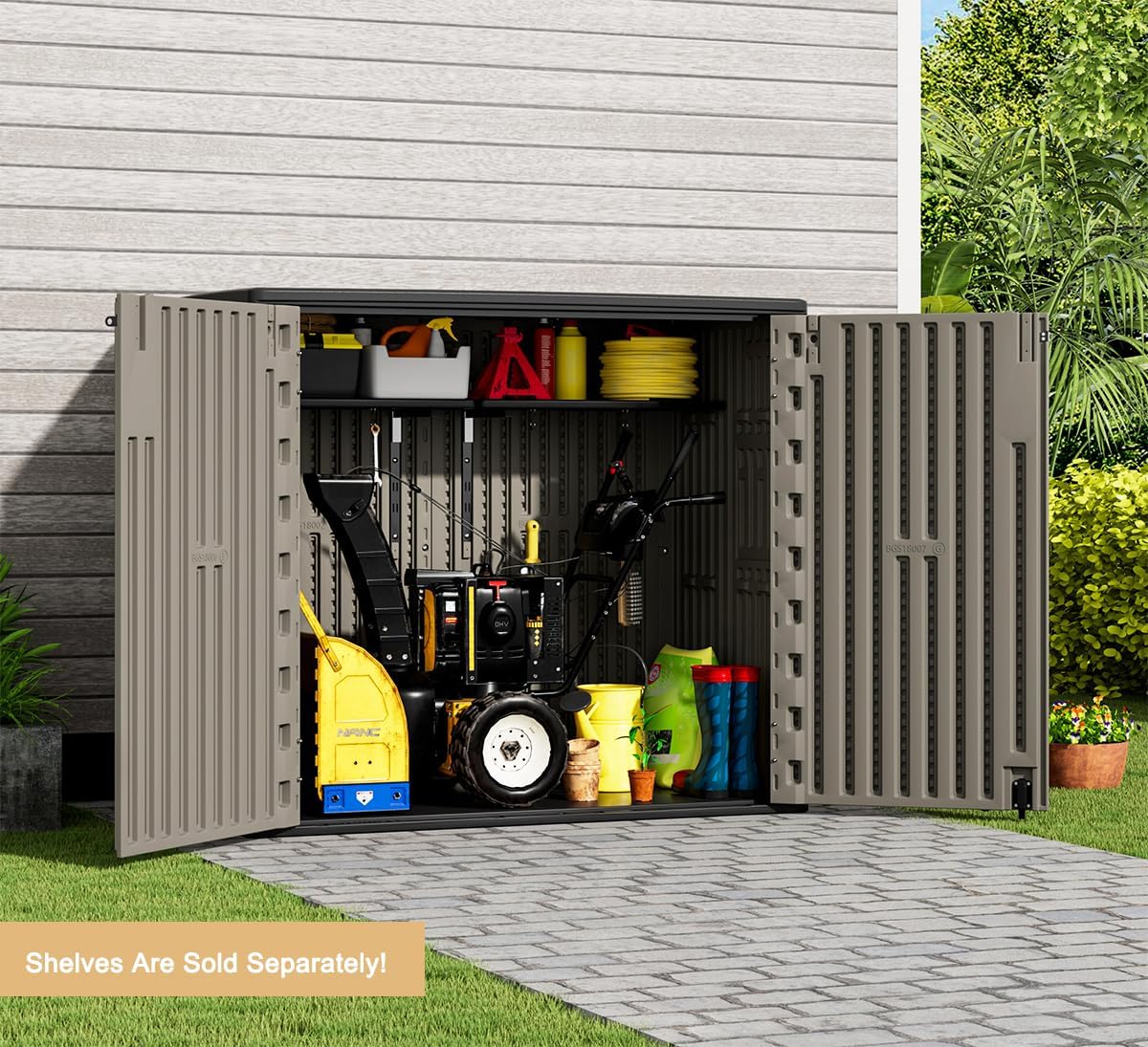 KINYING Outdoor Horizontal Storage Sheds,37 Cu.ft Outdoor Storage Cabinet Waterproof Resin Tool Storage Box Plastic Shed Organiser