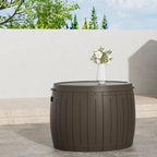 ADDOK 33 Gallon Round Deck Box, Outside Storage Box Waterproof, Outdoor Storage Bench for Cushions, Garden Tools,Brown