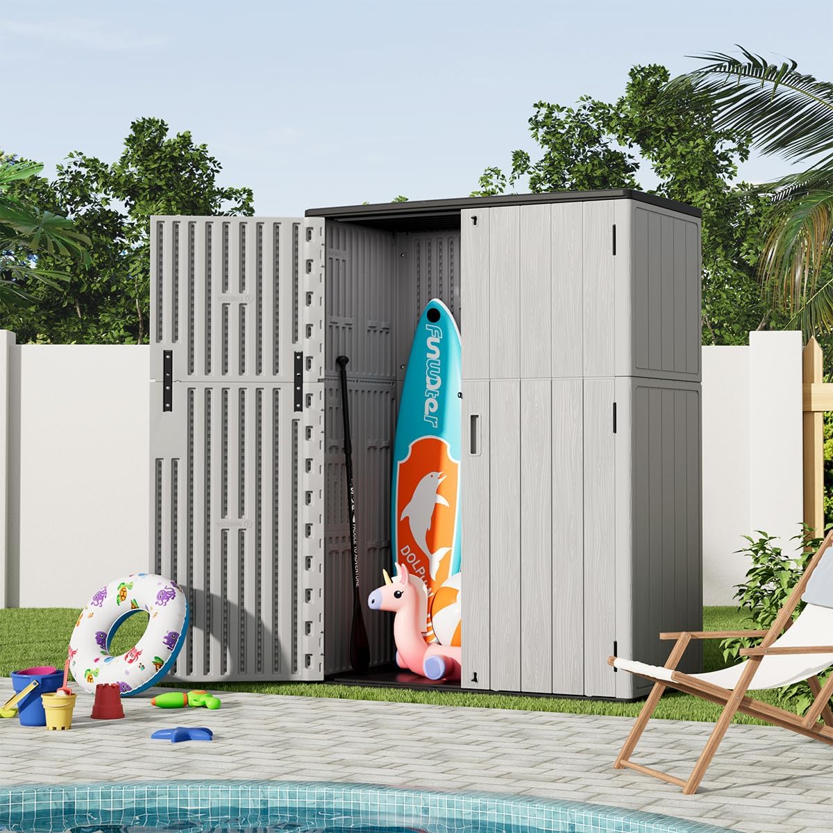 KINYING Outdoor Vertical Storage Plastic Shed,57 Cu.ft Outdoor Storage Cabinet Waterproof,Resin Sheds & Outdoor Storage (Grey)