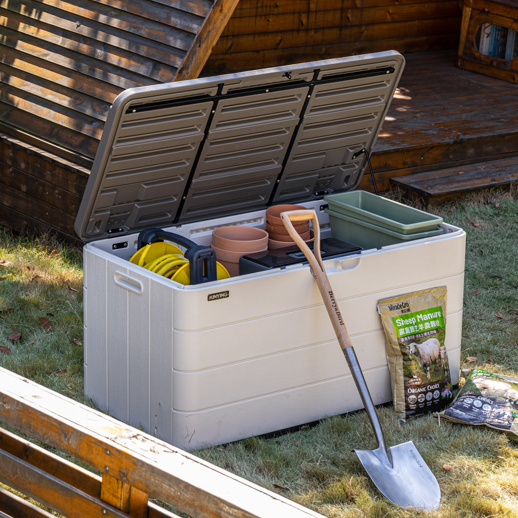 Outdoor pool storage box, waterproof resin material, lockable, suitable for storing outdoor gardening tools.