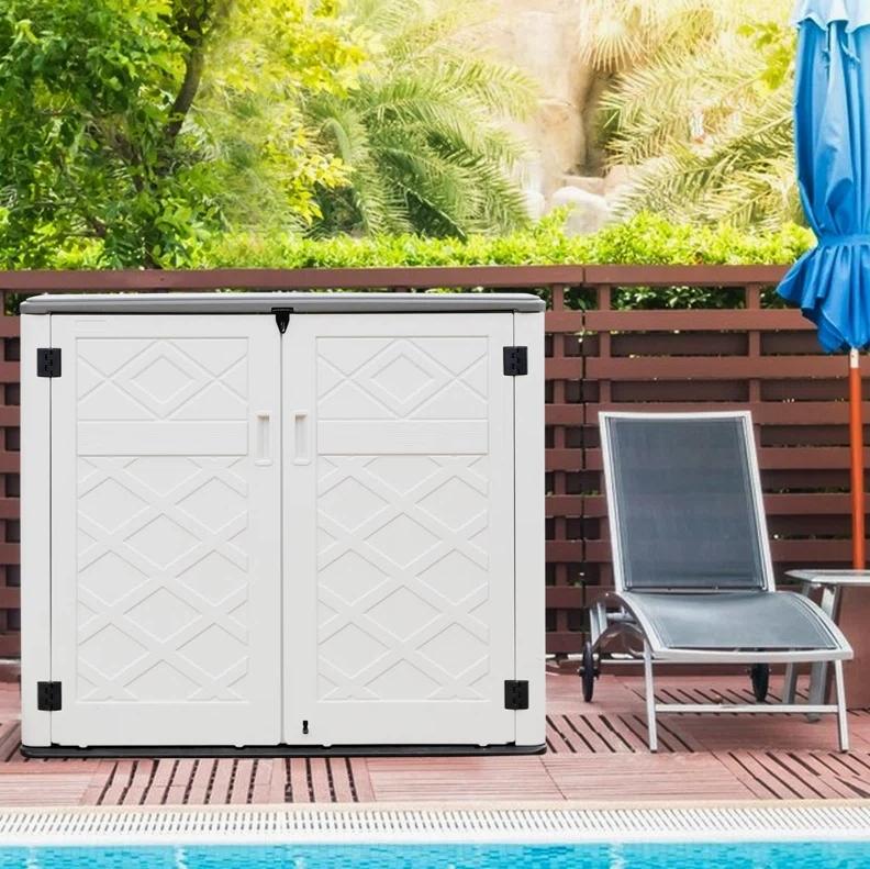 KINYING Larger Outdoor Storage Shed Weather Resistance, Horizontal Outdoor Storage Box Waterproof for Garden, Patios, Backyards, 48 Cu.ft Capacity for Garbage Cans, Lawn Mower, Garden Tools