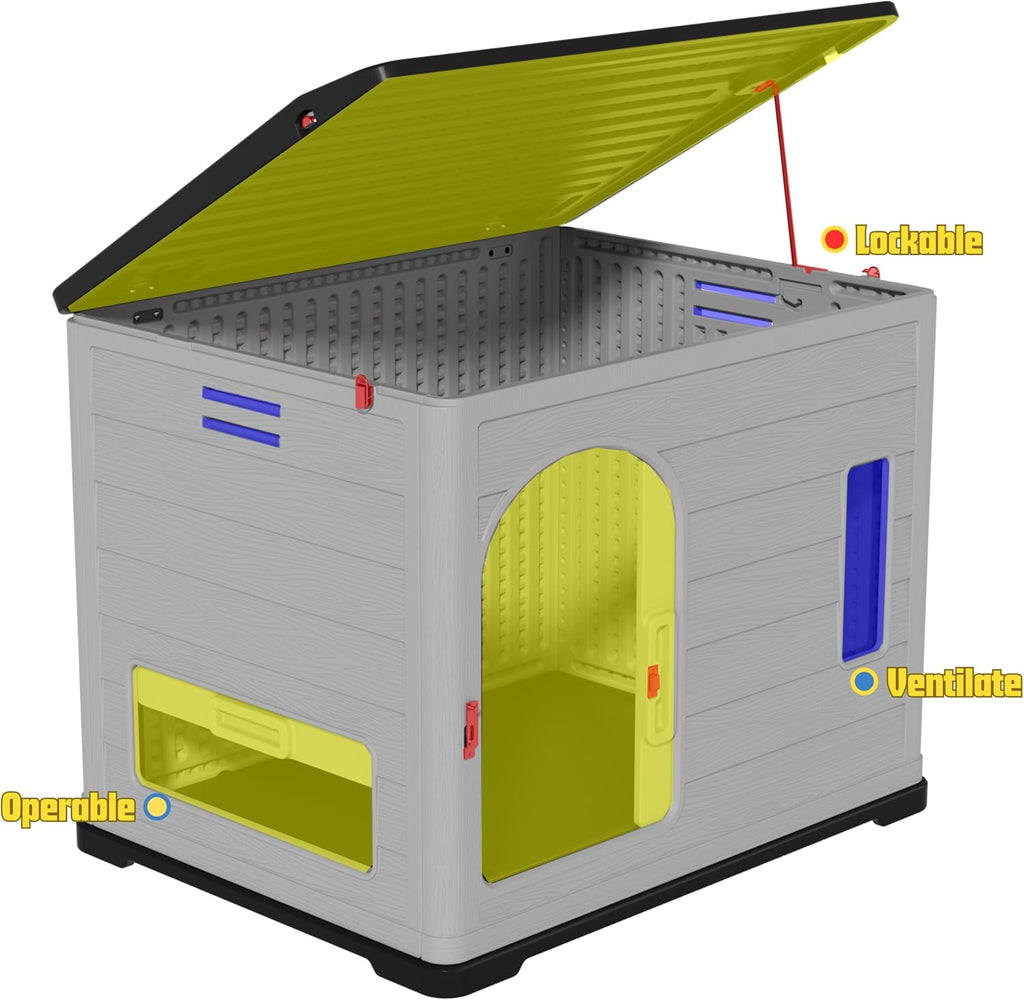 XLarge Durable Plastic Dog House for Big Dogs - Indoor Outdoor Double-Layer Insulated Doghouse with Open-Top Cover, Lockable SlidingDoor, Elevated Floor (46''L*38''W*39''H)