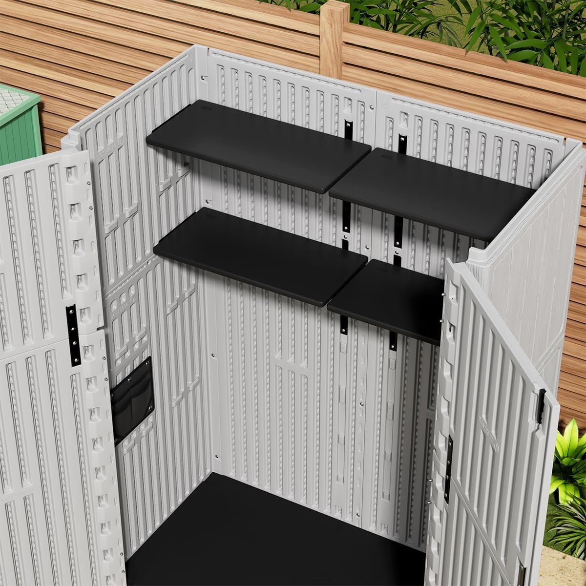 KINYING Plastic Shelving for 37 Cu.ft Horizontal Shed and 57 Cu.ft Vertical Shed, One Shelf with 2 Hooks On The Package,  Organiser Racks