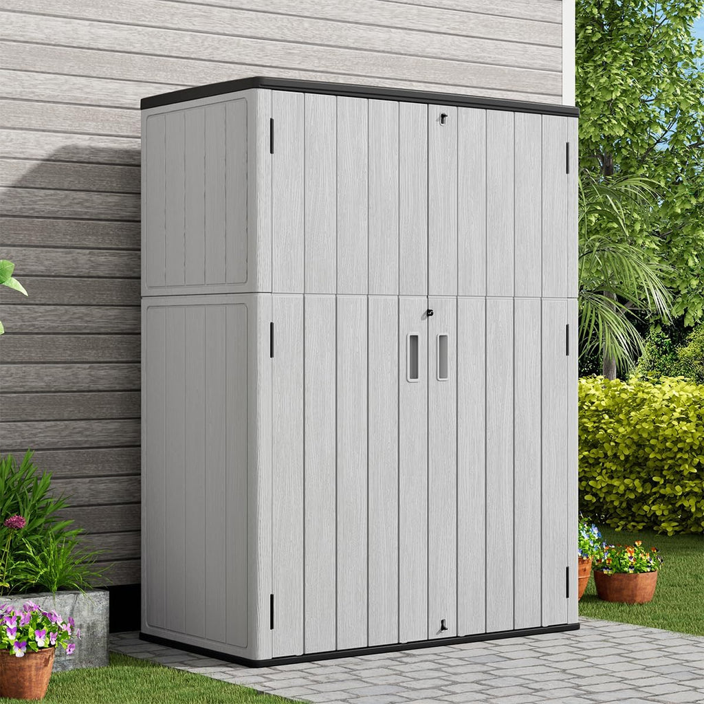 KINYING Outdoor Vertical Storage Plastic Shed,57 Cu.ft Outdoor Storage Cabinet Waterproof,Resin Sheds & Outdoor Storage (Grey)