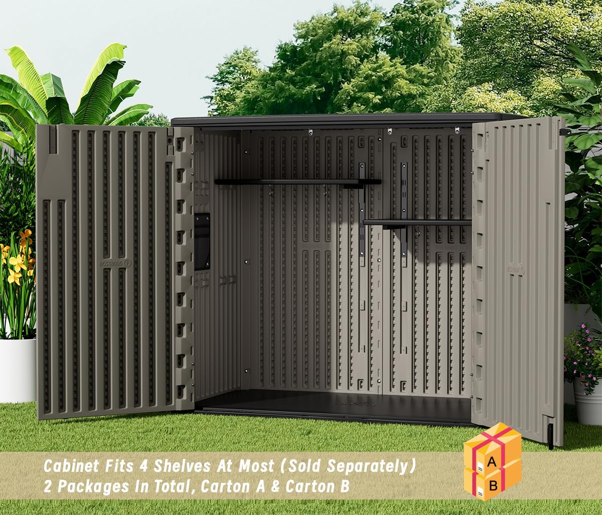 KINYING Outdoor Horizontal Storage Sheds,37 Cu.ft Outdoor Storage Cabinet Waterproof Resin Tool Storage Box Plastic Shed Organiser