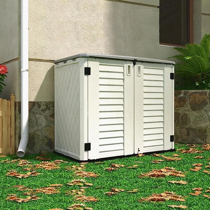 KINYING Outdoor Storage Shed - Horizontal Storage Box Waterproof for Garden, Patios, Backyards, Multi-Opening Door for Easy Storage of Garbage Cans, Tools, Lawn Mower, 26 Cubic Feet,Brown