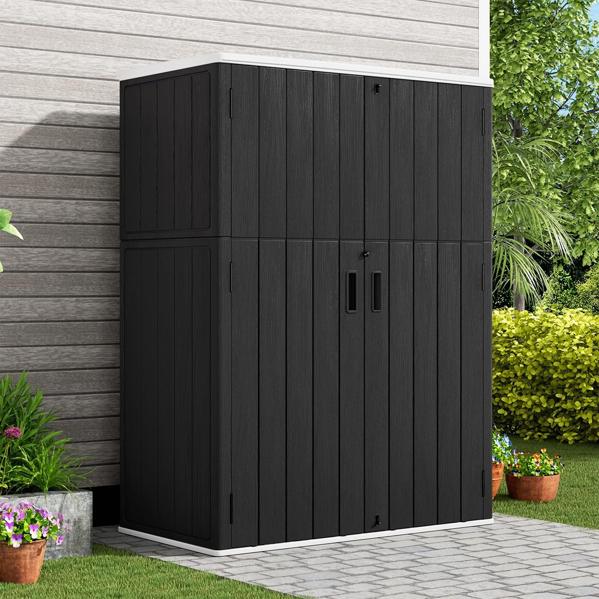 KINYING Outdoor Vertical Storage Plastic Shed,57 Cu.ft Outdoor Storage Cabinet Waterproof,Resin Sheds & Outdoor Storage (Black)