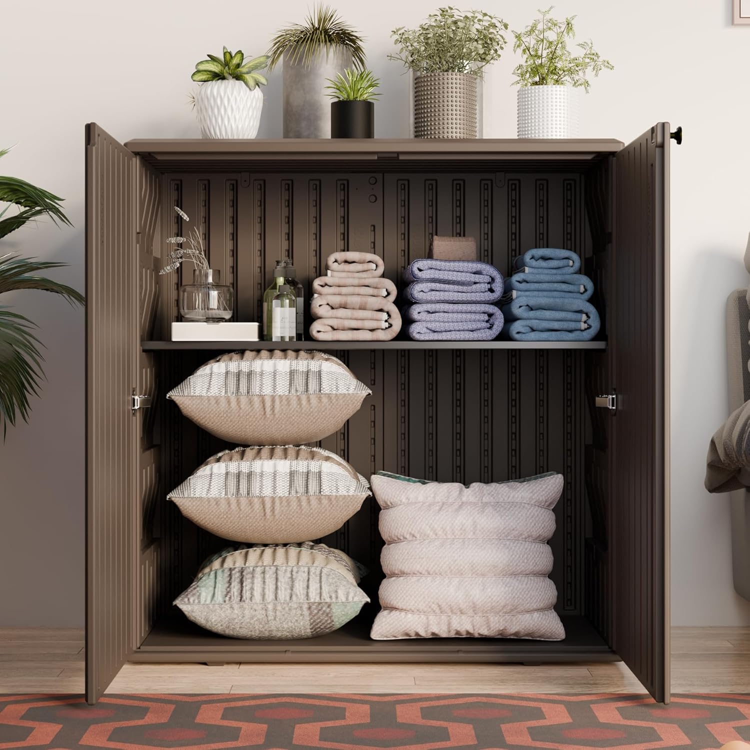 Outdoor Plastic Storage Cabinet, Horizontal Resin Tool Shed for Garden, All Weather Outdoor Storage Clearance, DIY Usage, with one Shelf (Coffee)