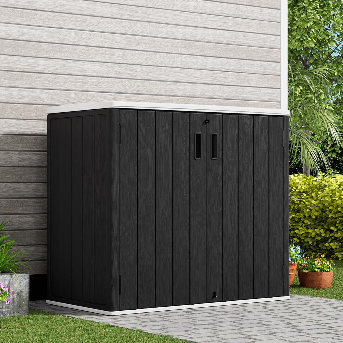 KINYING Outdoor Horizontal Storage Shed,37 Cu.ft Storage Cabinet Waterproof Resin Tool Organiser Storage Box for Garden Tools and Patio Furniture