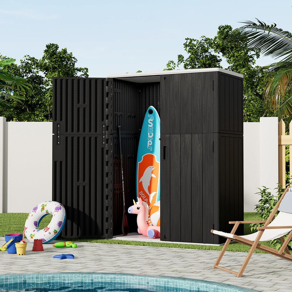 KINYING Outdoor Vertical Storage Plastic Shed,57 Cu.ft Outdoor Storage Cabinet Waterproof,Resin Sheds & Outdoor Storage (Black)