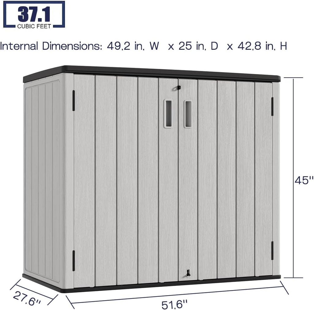 KINYING Outdoor Horizontal Plastic Storage Locker, 37 Cubic Feet Outdoor Storage Locker Waterproof Resin Tool Storage Box (Gray)