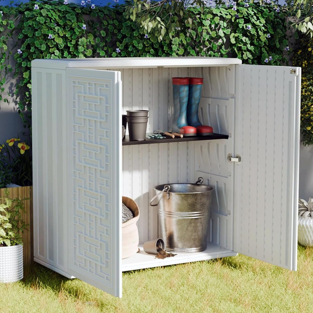 Waterproof Indoor Outdoor Storage Cabinet, Plastic Utility Organizer for Garden, Patio, Poolside, and Backyard, Ideal for Tools, Shoes, and Supplies, 34.3''L x 15''W x 36.2''H, Off-White