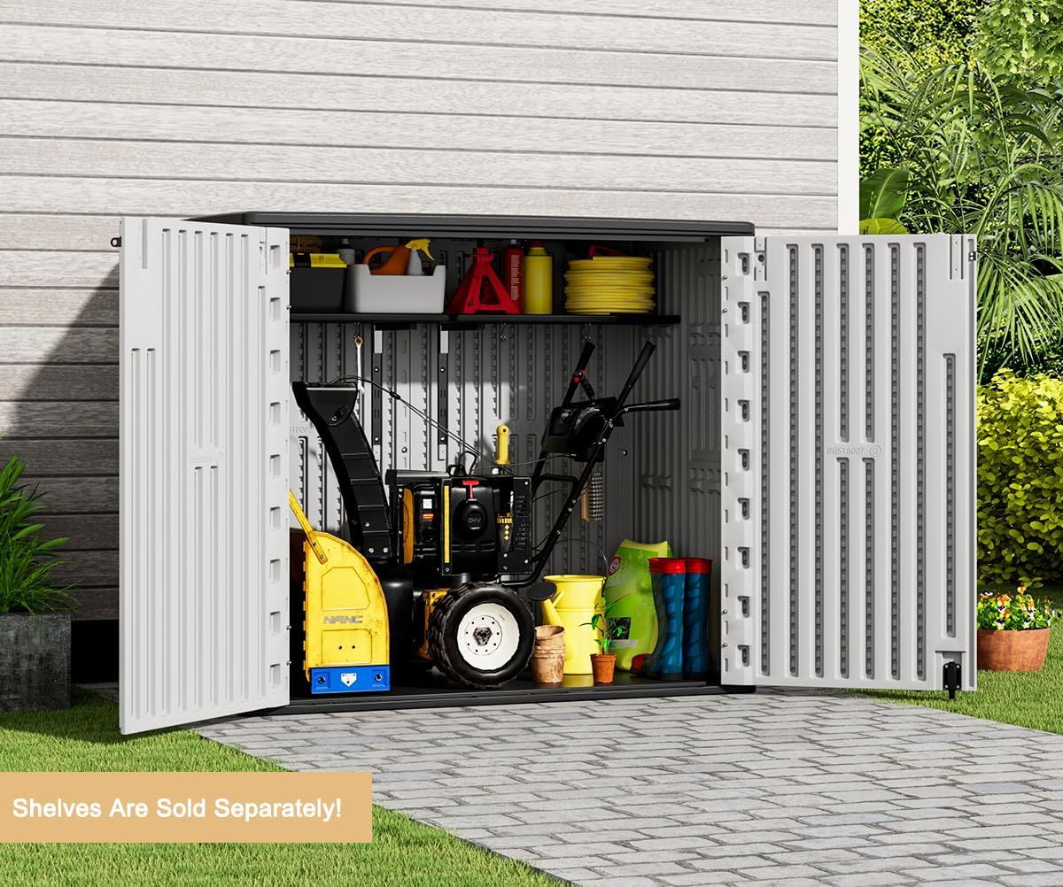 KINYING Outdoor Horizontal Plastic Storage Locker, 37 Cubic Feet Outdoor Storage Locker Waterproof Resin Tool Storage Box (Gray)