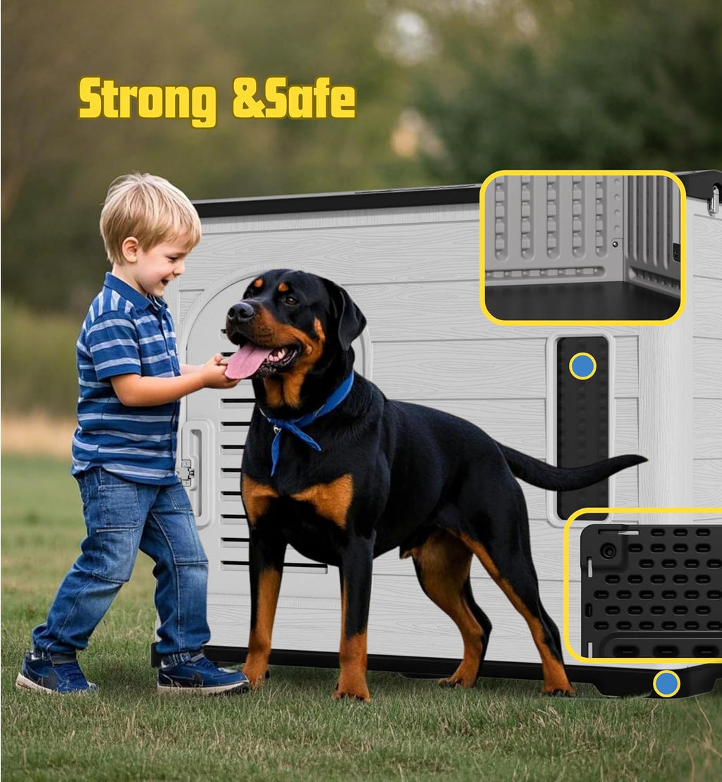 XLarge Durable Plastic Dog House for Big Dogs - Indoor Outdoor Double-Layer Insulated Doghouse with Open-Top Cover, Lockable SlidingDoor, Elevated Floor (46''L*38''W*39''H)