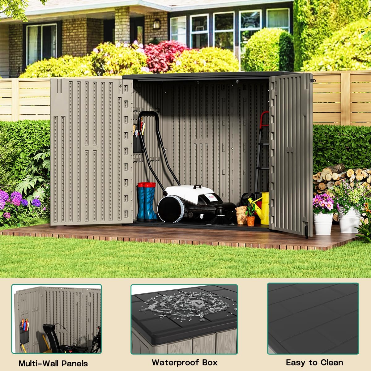 KINYING Outdoor Horizontal Storage Sheds,37 Cu.ft Outdoor Storage Cabinet Waterproof Resin Tool Storage Box Plastic Shed Organiser