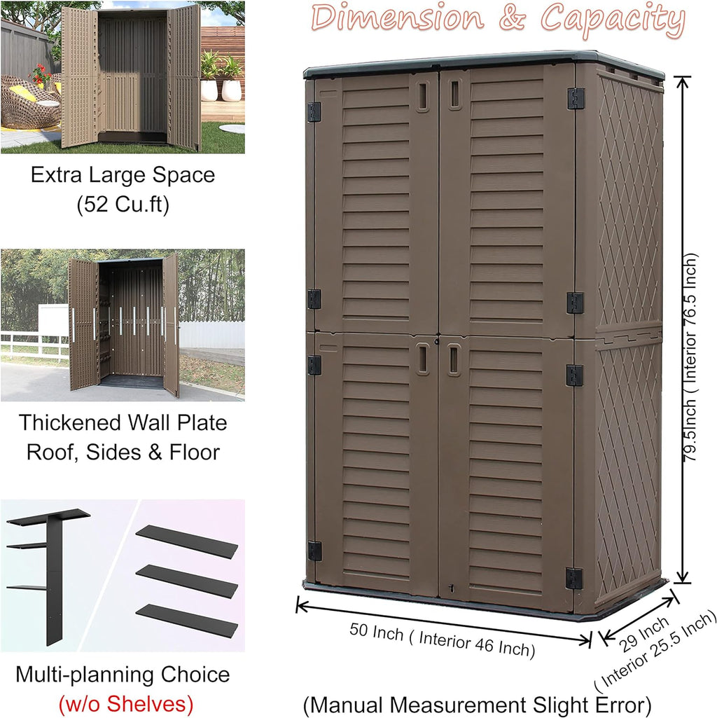 52 Cu Ft Vertical Waterproof Storage Cabinet for Garage, Pool, Bike Shed & Garden – All-Weather Outdoor Organizer with Floor
