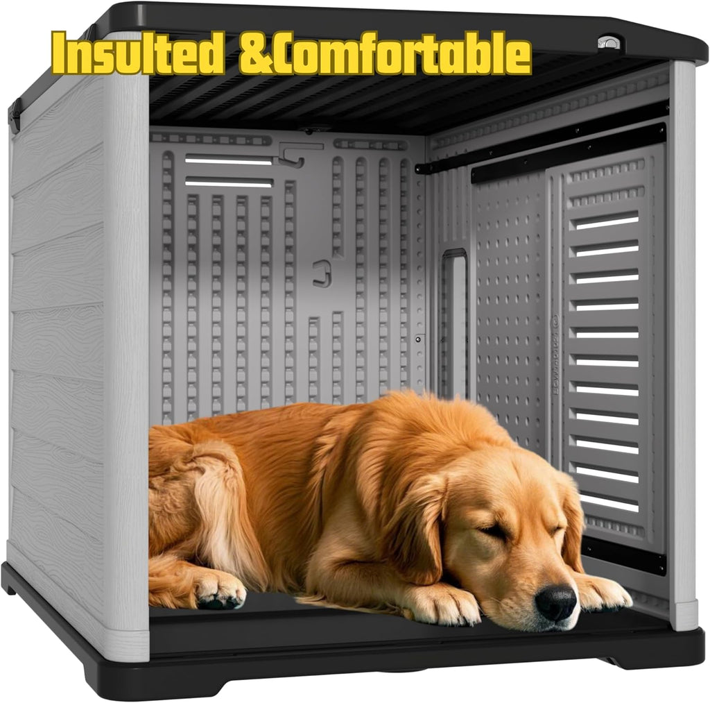 XLarge Durable Plastic Dog House for Big Dogs - Indoor Outdoor Double-Layer Insulated Doghouse with Open-Top Cover, Lockable SlidingDoor, Elevated Floor (46''L*38''W*39''H)