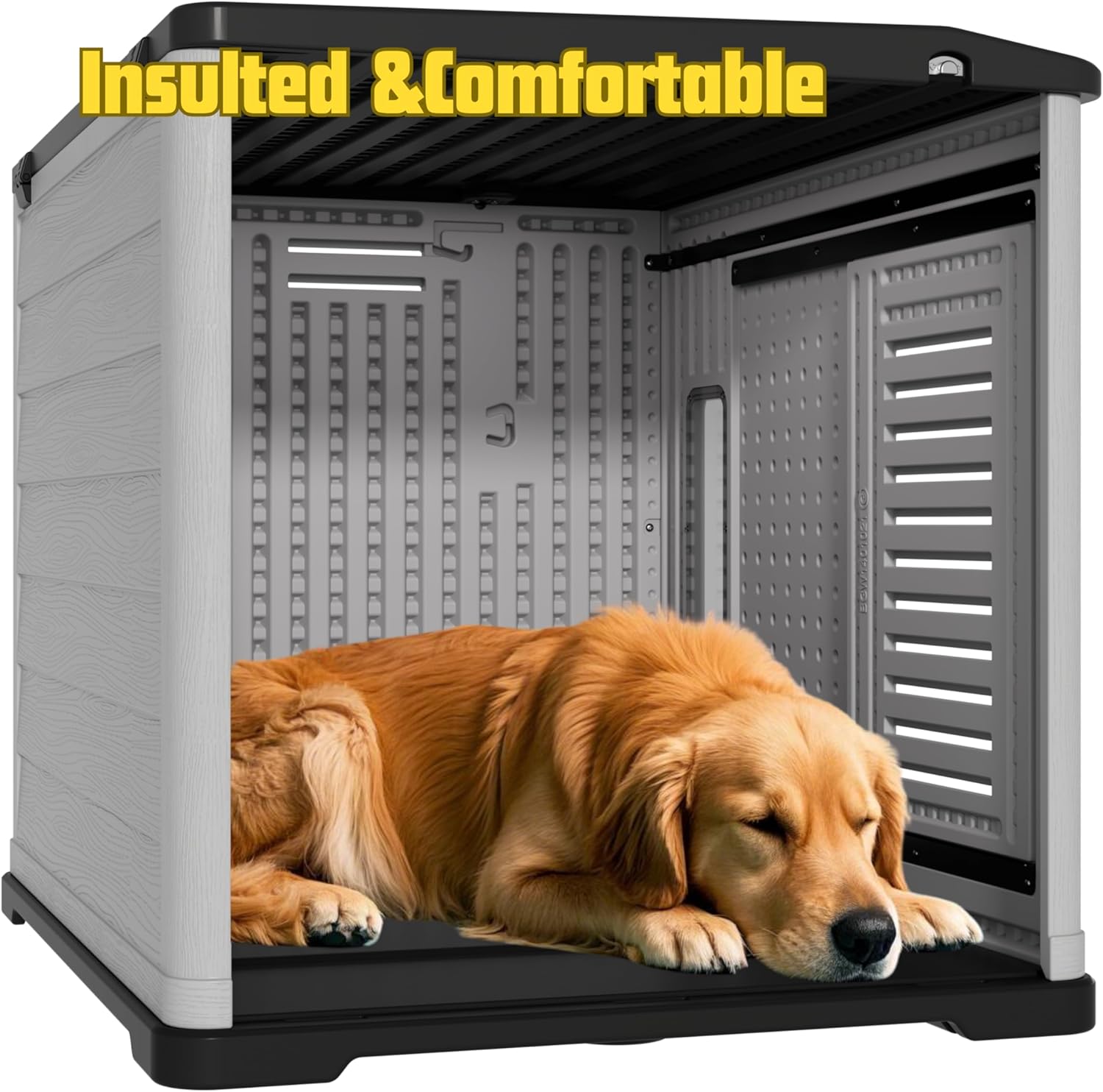 XLarge Durable Plastic Dog House for Big Dogs - Indoor Outdoor Double-Layer Insulated Doghouse with Open-Top Cover, Lockable SlidingDoor, Elevated Floor (46''L*38''W*39''H)
