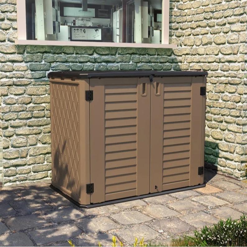 KINYING Outdoor Storage Shed - Horizontal Storage Box Waterproof for Garden, Patios, Backyards, Multi-Opening Door for Easy Storage of Garbage Cans, Tools, Lawn Mower, 26 Cubic Feet,Brown