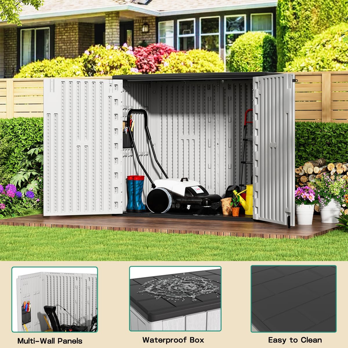 KINYING Outdoor Horizontal Plastic Storage Locker, 37 Cubic Feet Outdoor Storage Locker Waterproof Resin Tool Storage Box (Gray)