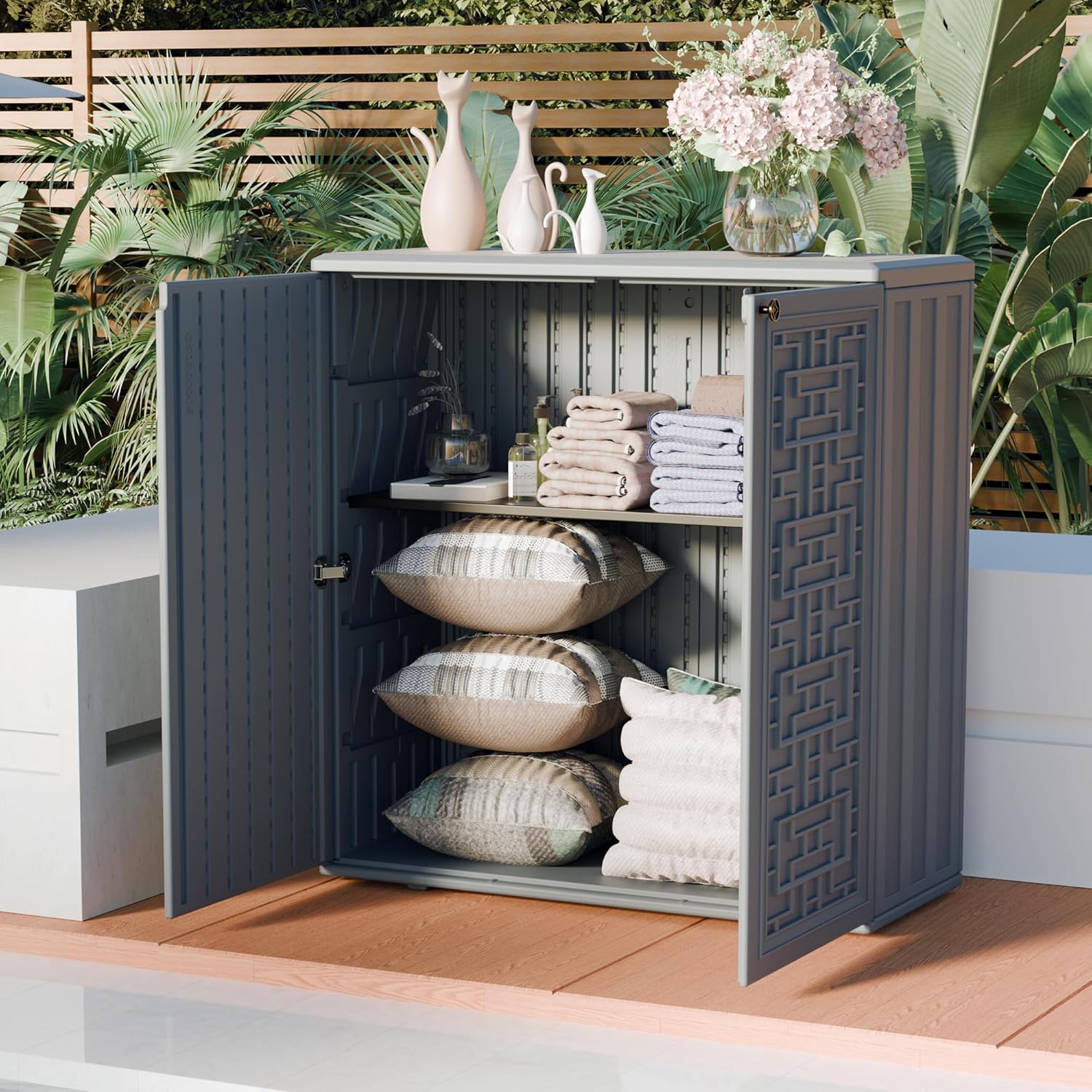 All-Weather Utility Cabinet for Garden, Patio, Pool & Backyard – Waterproof Plastic Storage with Adjustable Shelves for Tools & Shoes, 34.3″×15″×36.2″