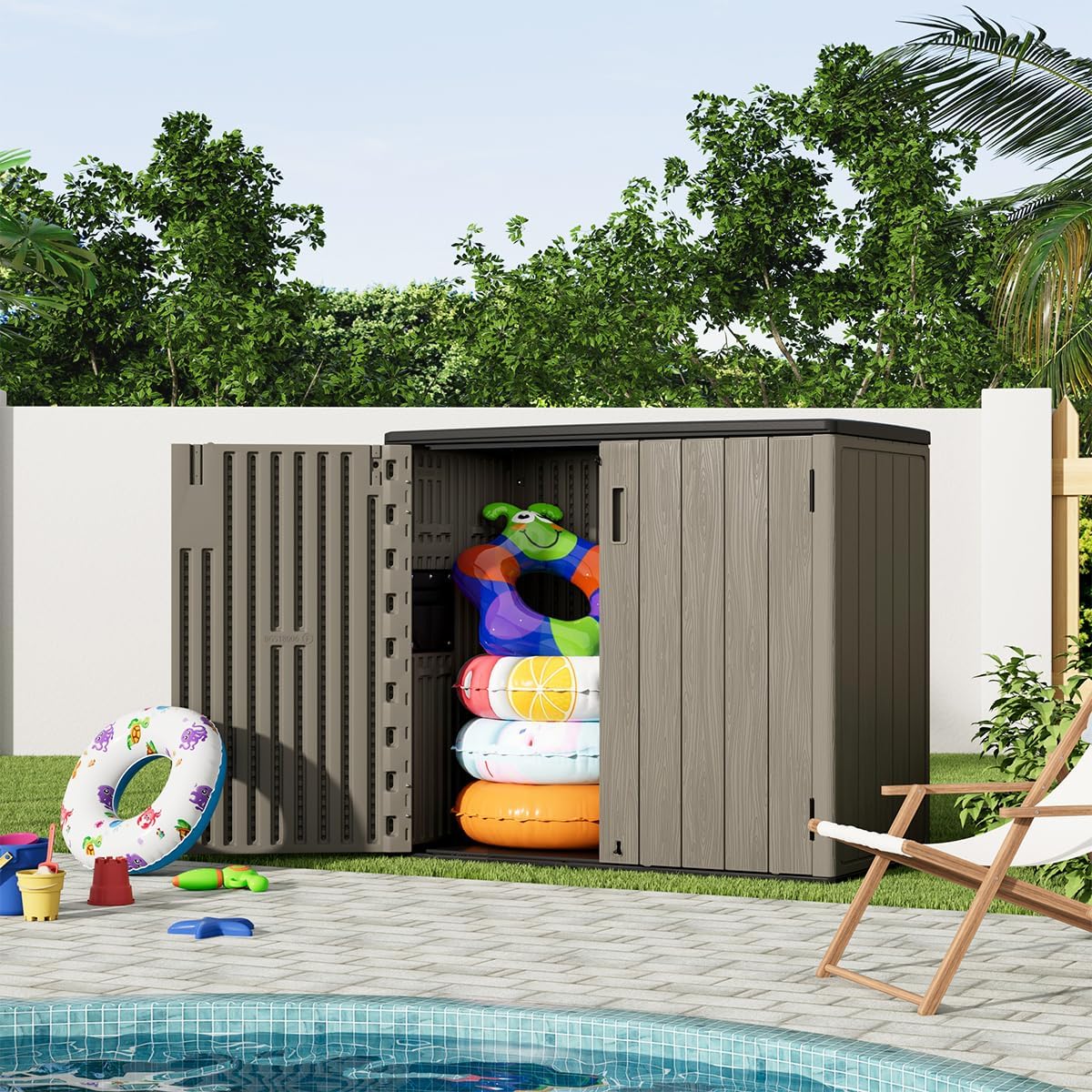 KINYING Outdoor Horizontal Storage Sheds,37 Cu.ft Outdoor Storage Cabinet Waterproof Resin Tool Storage Box Plastic Shed Organiser